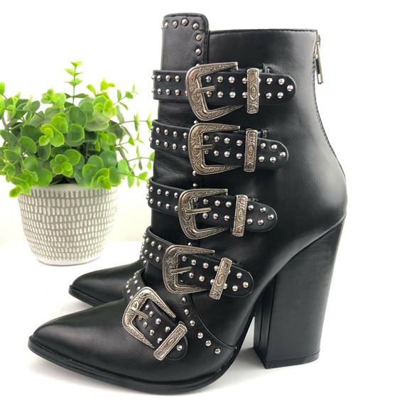 Steve Madden Comet Studded Buckle Pointed Black Leather Heel Boots Size 6 - Picture 7 of 15
